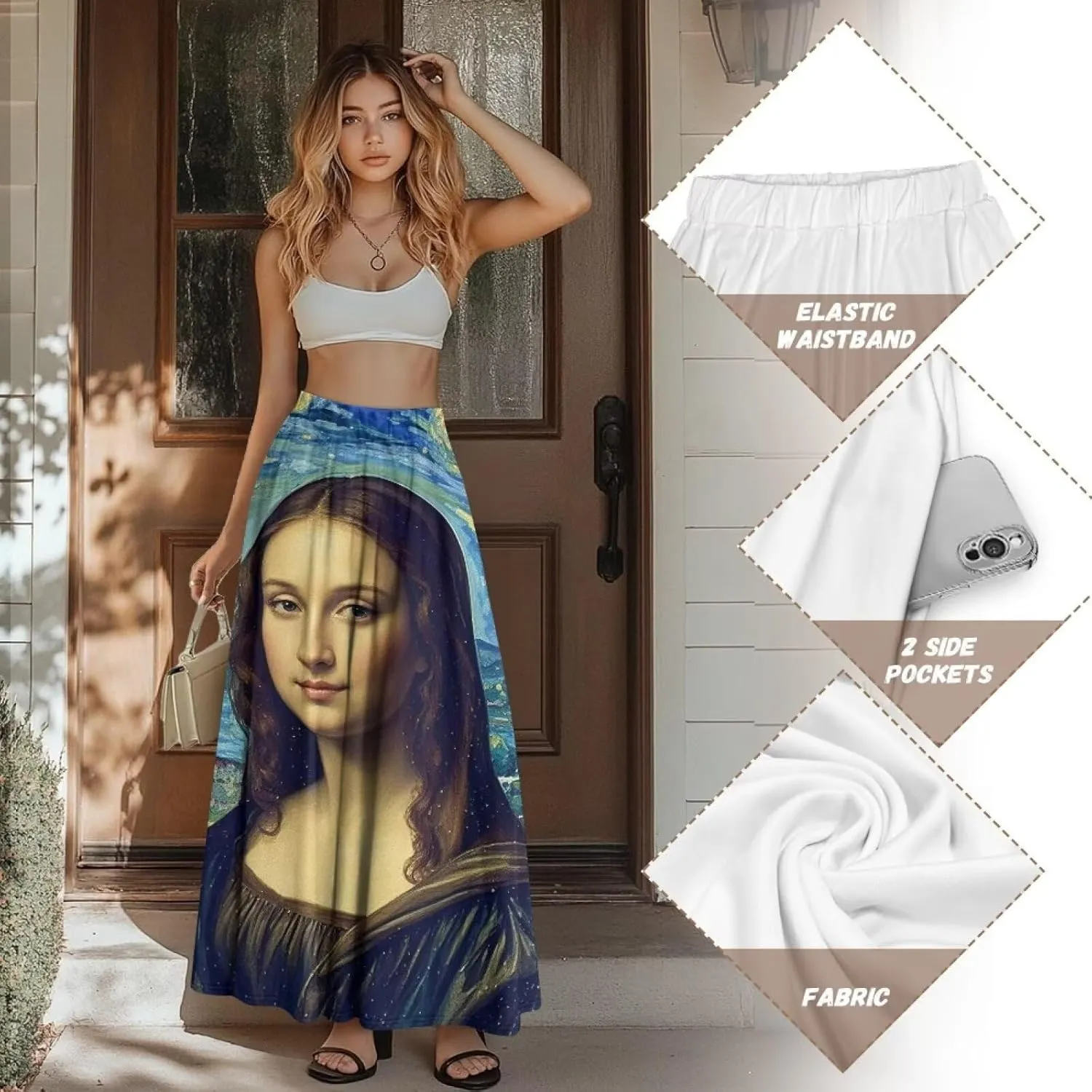 Oil Painting Printed Women's Long Maxi Skirt Elegant Pleated High Waisted A-Link Long Maxi Skirt for Party, Work