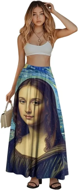 Oil Painting Printed Women's Long Maxi Skirt Elegant Pleated High Waisted A-Link Long Maxi Skirt for Party, Work