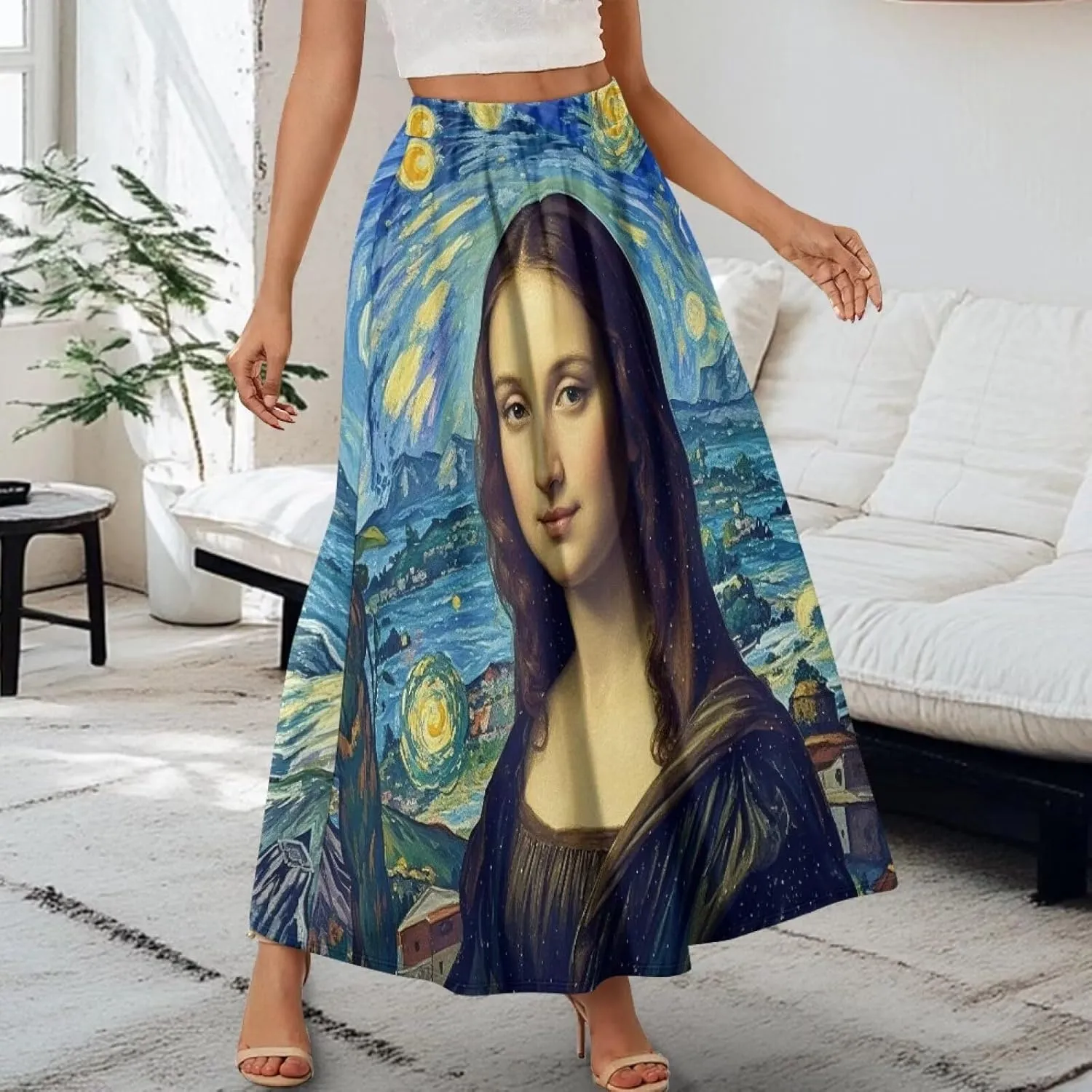 Oil Painting Printed Women's Long Maxi Skirt Elegant Pleated High Waisted A-Link Long Maxi Skirt for Party, Work