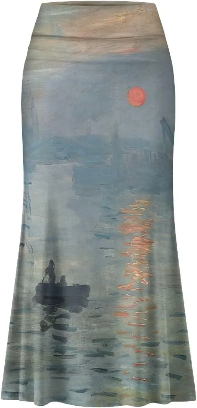 Oil Painting Printed Women's Party Long Flare Maxi Zipper Elegant Skirt High Waisted A-Link Long Maxi Skirt