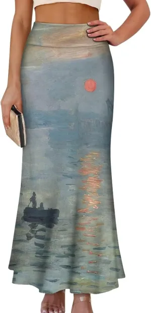 Oil Painting Printed Women's Party Long Flare Maxi Zipper Elegant Skirt High Waisted A-Link Long Maxi Skirt