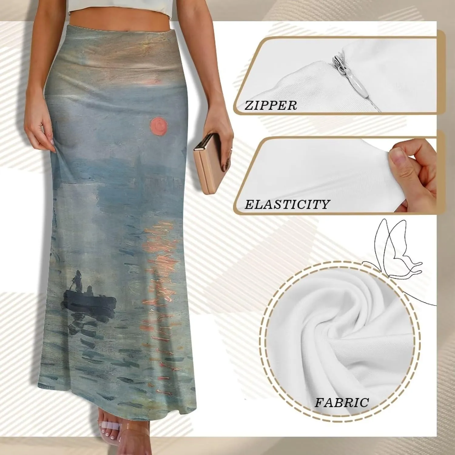 Oil Painting Printed Women's Party Long Flare Maxi Zipper Elegant Skirt High Waisted A-Link Long Maxi Skirt