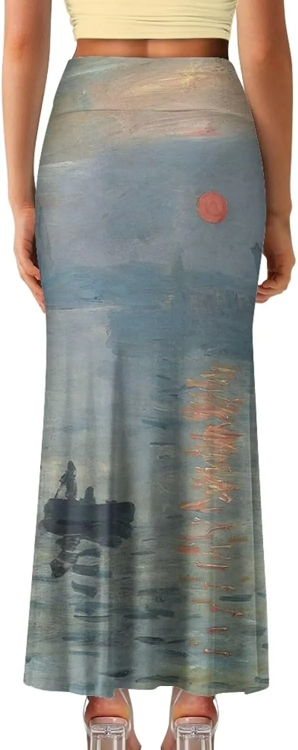 Oil Painting Printed Women's Party Long Flare Maxi Zipper Elegant Skirt High Waisted A-Link Long Maxi Skirt