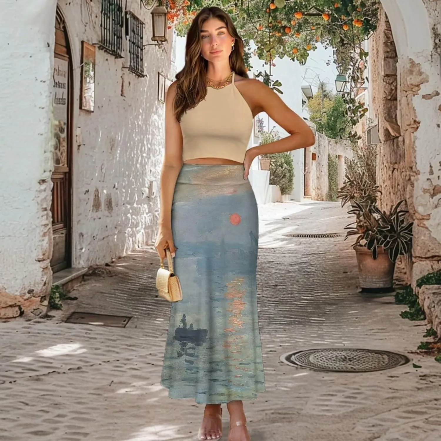 Oil Painting Printed Women's Party Long Flare Maxi Zipper Elegant Skirt High Waisted A-Link Long Maxi Skirt