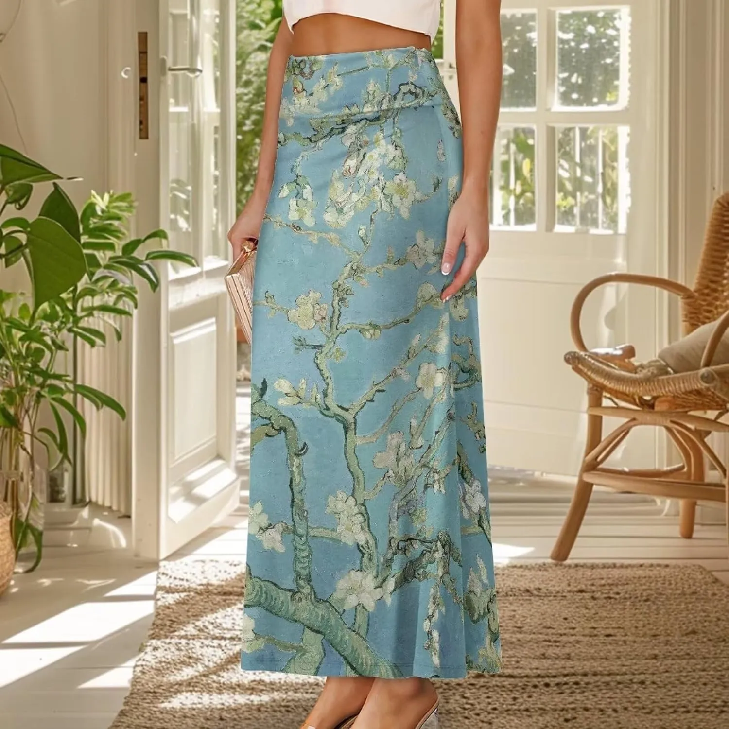 Oil Painting Printed Women's Party Long Flare Maxi Zipper Elegant Skirt High Waisted A-Link Long Maxi Skirt