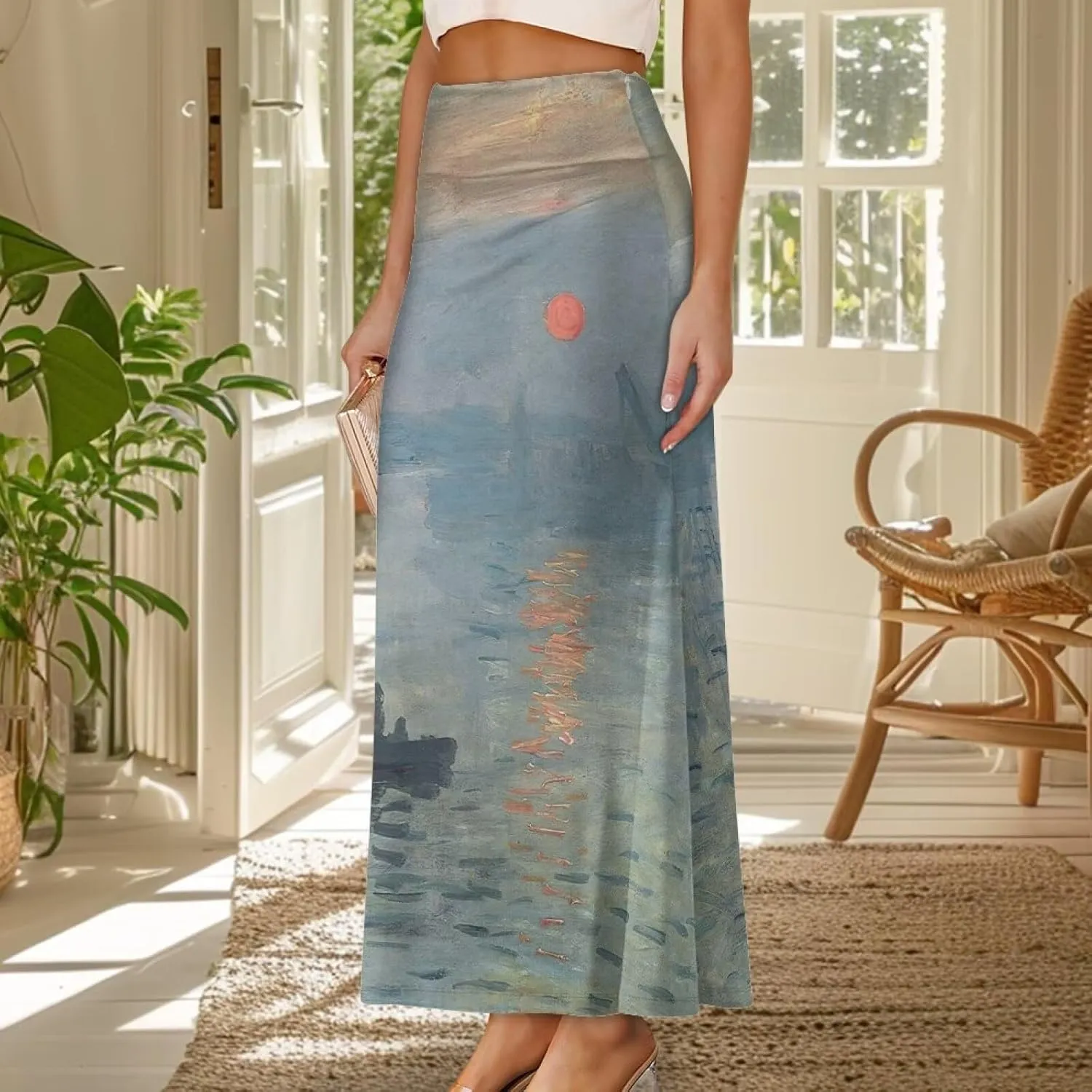 Oil Painting Printed Women's Party Long Flare Maxi Zipper Elegant Skirt High Waisted A-Link Long Maxi Skirt