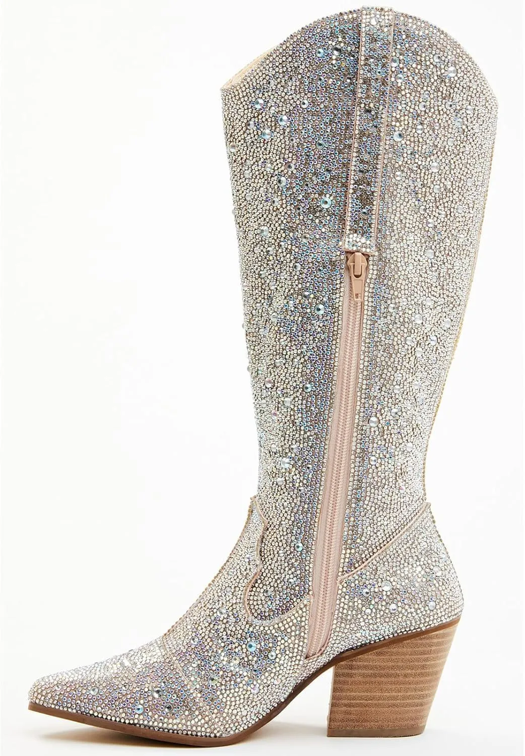 olomisa Rhinestone Boots for Women, Knee High Cowboy Boots Pointed Toe Chunky Heel Sparkly Cowgirl Boots Bling Shoes
