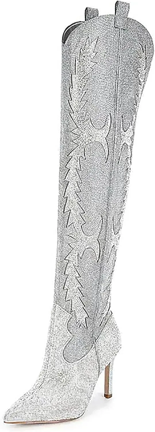 olomisa Sparkly Boots for Women, Rhinestone Over Knee Boots Embroidery Pointed Toe Pull On Stiletto Heeled Thigh High Sparkly Boots Tall Long Boots