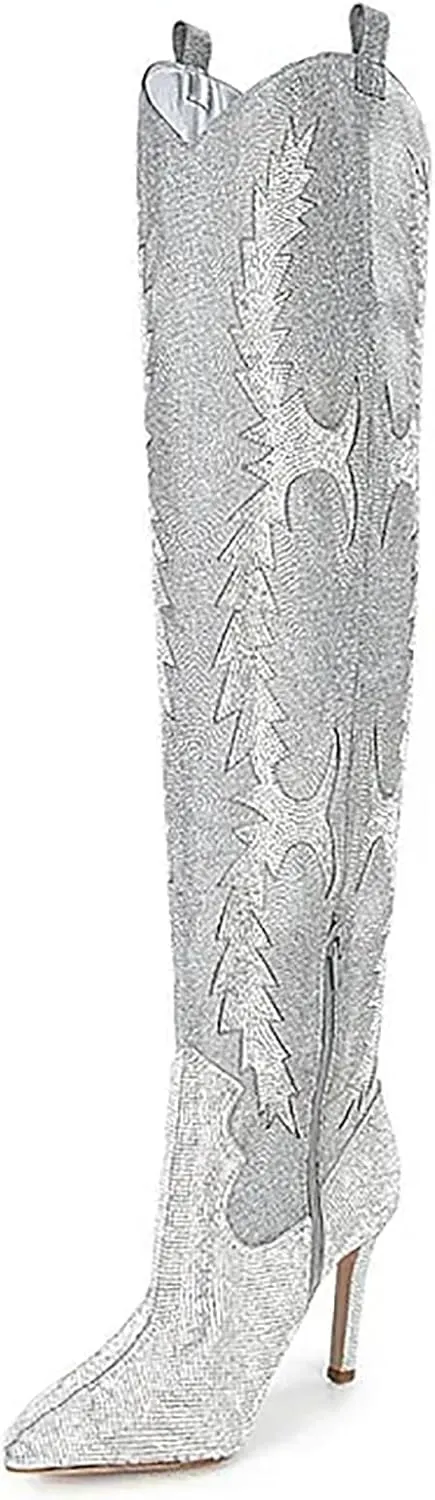 olomisa Sparkly Boots for Women, Rhinestone Over Knee Boots Embroidery Pointed Toe Pull On Stiletto Heeled Thigh High Sparkly Boots Tall Long Boots