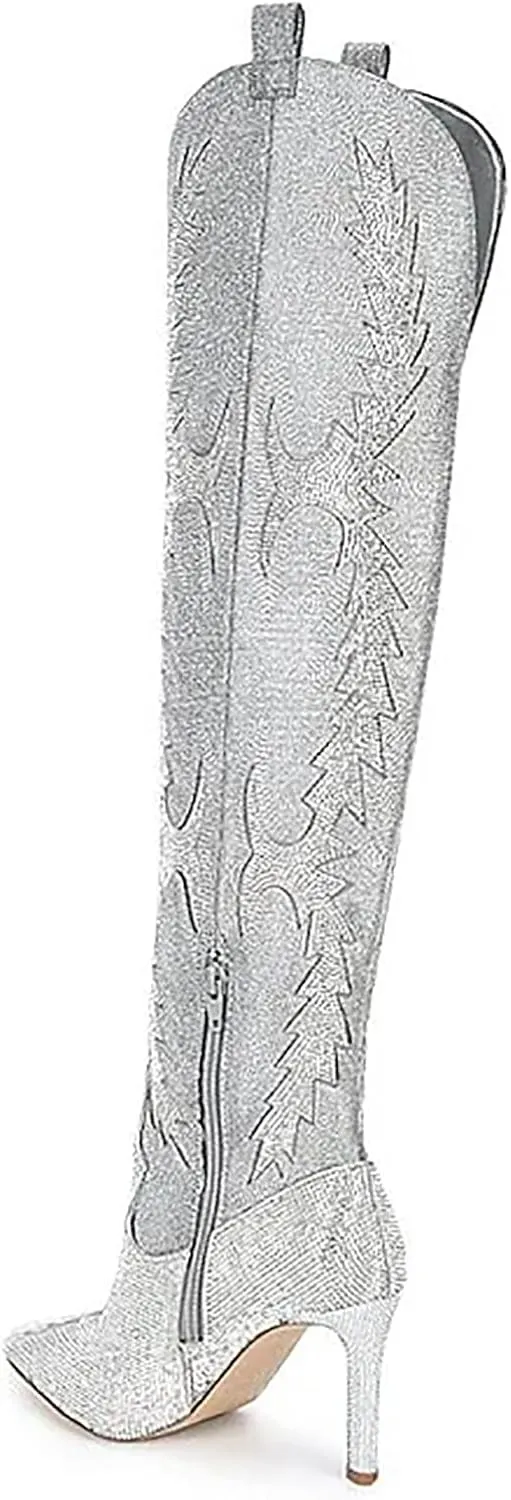 olomisa Sparkly Boots for Women, Rhinestone Over Knee Boots Embroidery Pointed Toe Pull On Stiletto Heeled Thigh High Sparkly Boots Tall Long Boots