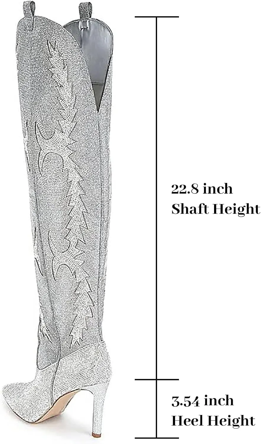 olomisa Sparkly Boots for Women, Rhinestone Over Knee Boots Embroidery Pointed Toe Pull On Stiletto Heeled Thigh High Sparkly Boots Tall Long Boots