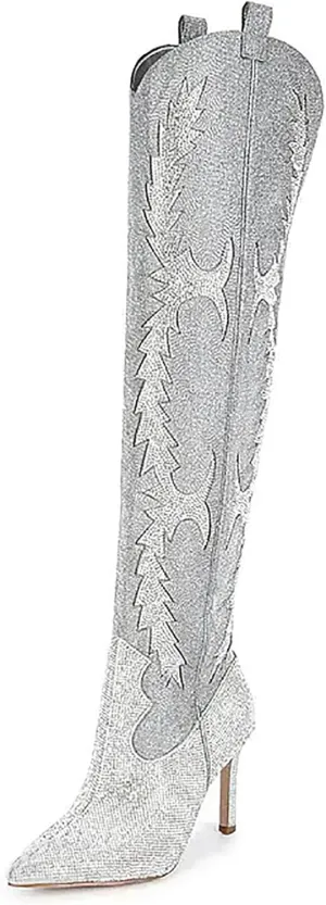 olomisa Sparkly Boots for Women, Rhinestone Over Knee Boots Embroidery Pointed Toe Pull On Stiletto Heeled Thigh High Sparkly Boots Tall Long Boots