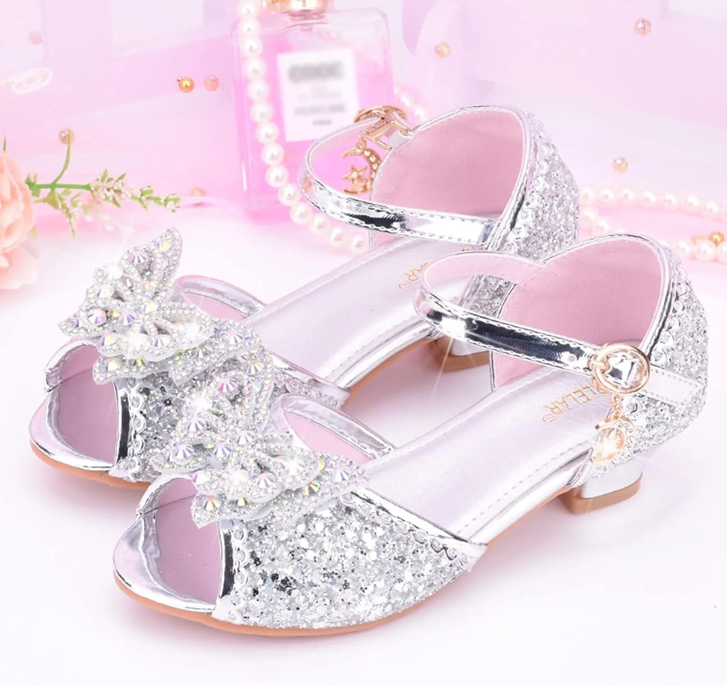 Open Front Bow Sequins Sandals for Girls Kids Princess Wedding Formal Ankle High Heel Shoes Summer Dress Dance Sandals