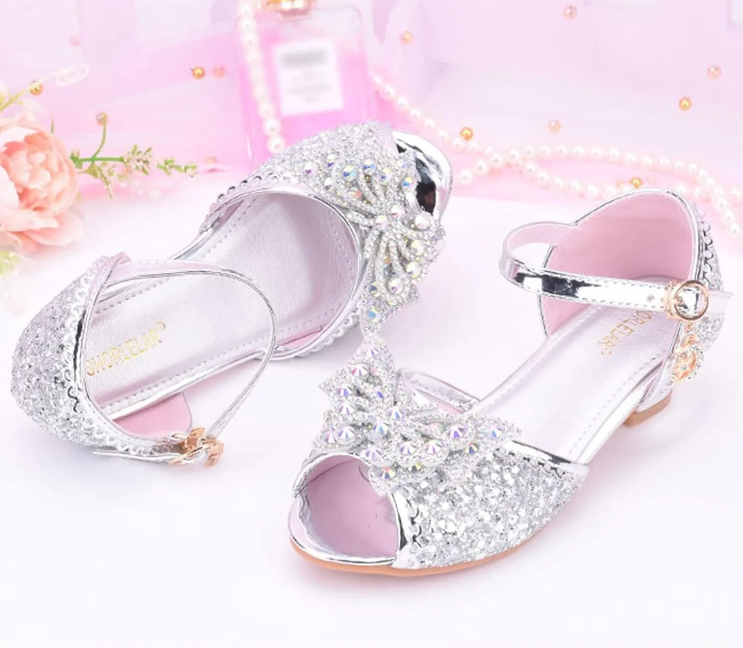 Open Front Bow Sequins Sandals for Girls Kids Princess Wedding Formal Ankle High Heel Shoes Summer Dress Dance Sandals