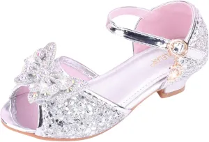 Open Front Bow Sequins Sandals for Girls Kids Princess Wedding Formal Ankle High Heel Shoes Summer Dress Dance Sandals