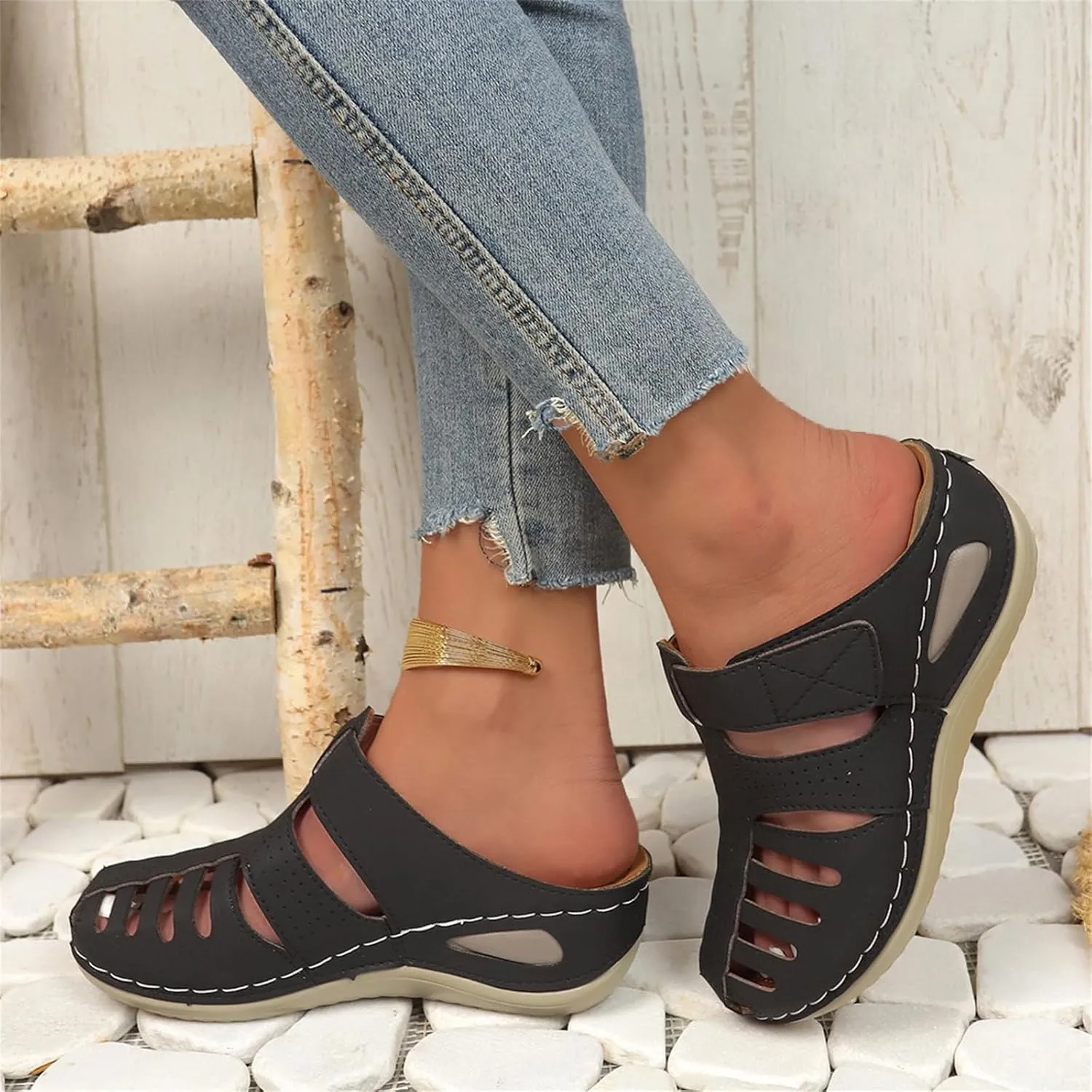 Orthopedic Sandals for Women Ankle Strap Closed Toe Wedge Platform Sandals Casual Summer Hollow Out Breathable Shoes