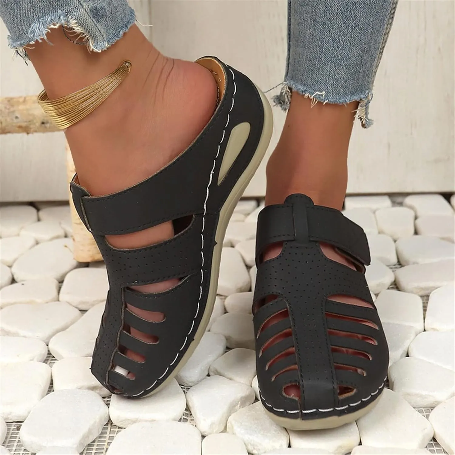 Orthopedic Sandals for Women Ankle Strap Closed Toe Wedge Platform Sandals Casual Summer Hollow Out Breathable Shoes
