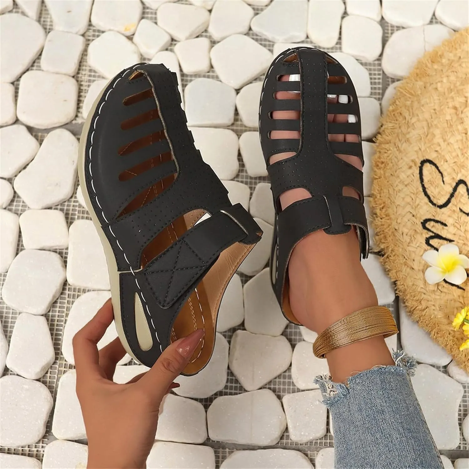 Orthopedic Sandals for Women Ankle Strap Closed Toe Wedge Platform Sandals Casual Summer Hollow Out Breathable Shoes