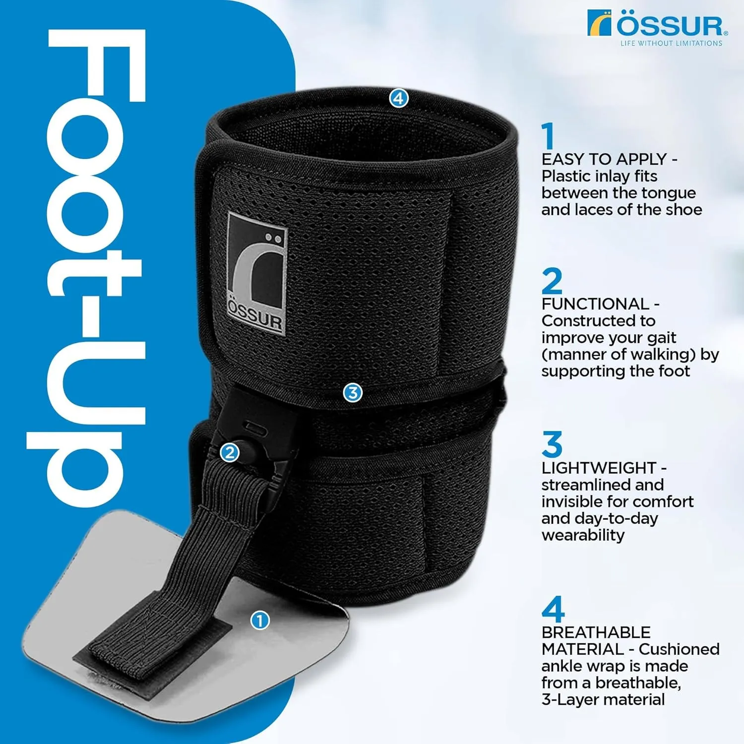 Ossur Ankle Brace, Foot Brace | AFO Foot Drop Brace for Drop Foot Support | Lightweight, Adjustable Wrap for All-Day Comfort | Breathable Material for All Day Walking (Black, Medium)