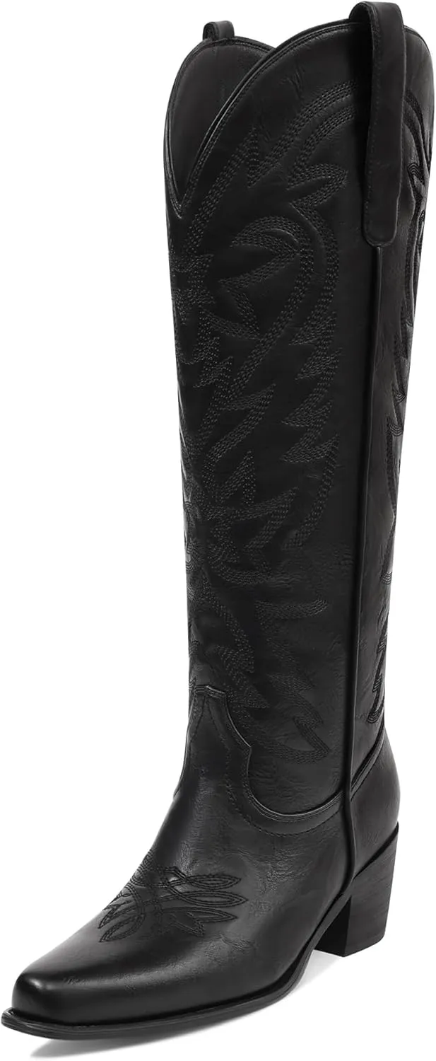 Ouepiano Cowboy Boots for Women Cowgirl Knee High Boots with Classic Embroidered Pull On & Side Zipper Pointed Toe Chunky Heel Vintage Country Western Botas