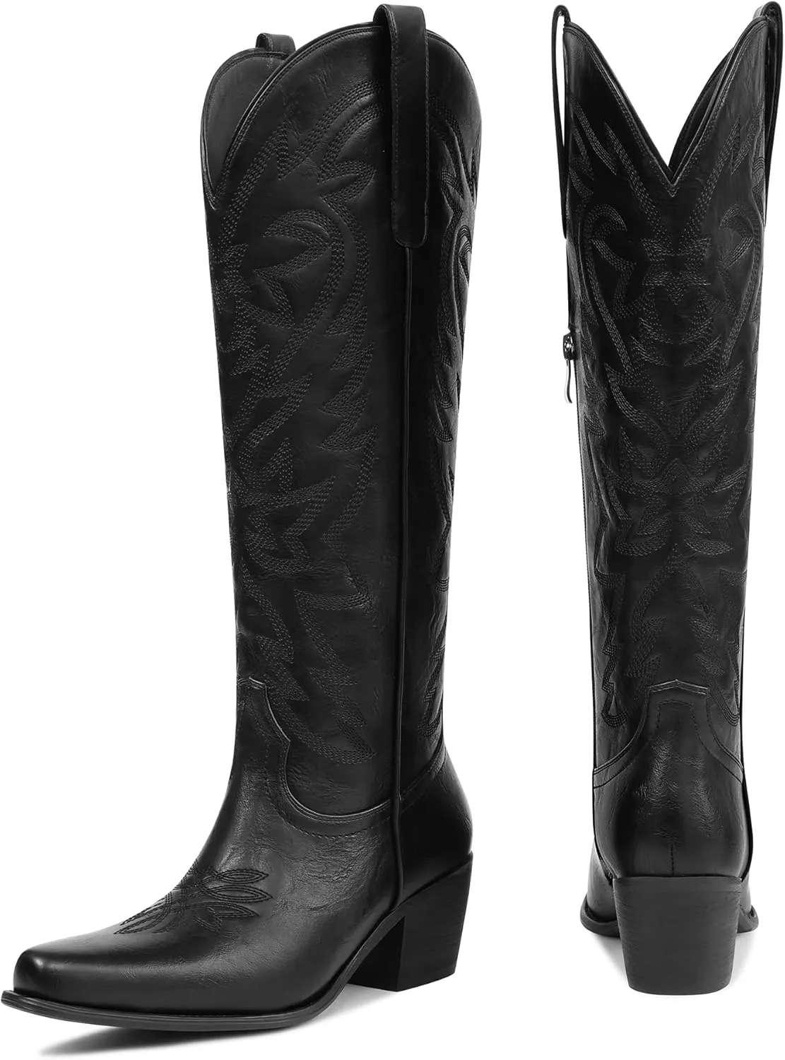 Ouepiano Cowboy Boots for Women Cowgirl Knee High Boots with Classic Embroidered Pull On & Side Zipper Pointed Toe Chunky Heel Vintage Country Western Botas