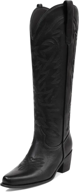 Ouepiano Cowboy Boots for Women Cowgirl Knee High Boots with Classic Embroidered Pull On & Side Zipper Pointed Toe Chunky Heel Vintage Country Western Botas