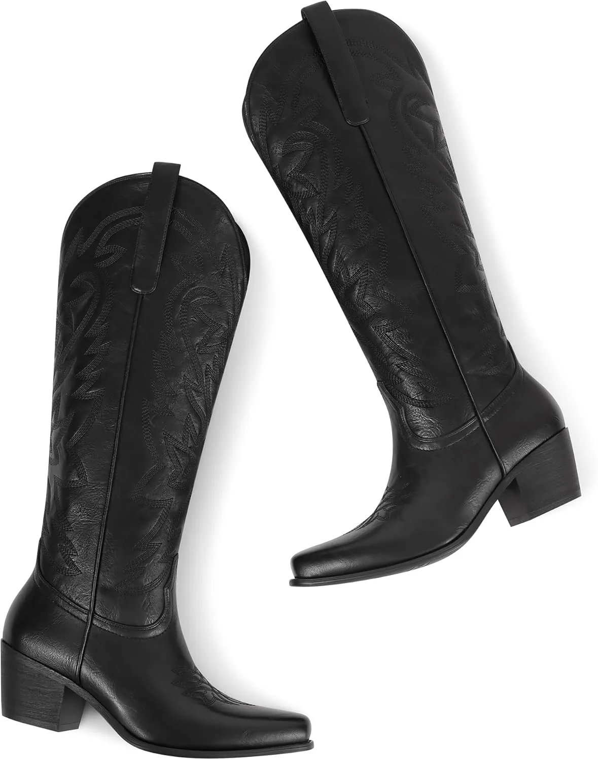 Ouepiano Cowboy Boots for Women Cowgirl Knee High Boots with Classic Embroidered Pull On & Side Zipper Pointed Toe Chunky Heel Vintage Country Western Botas