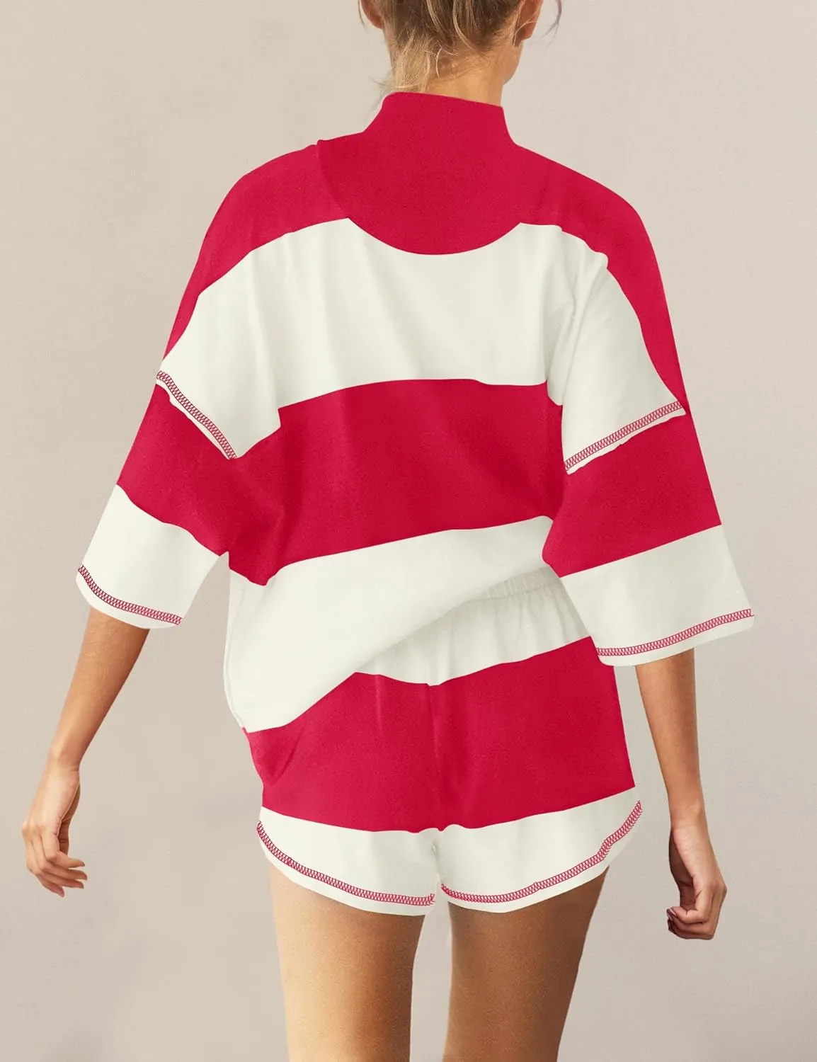 Panadila Women Striped Workout Set Two Piece Outfit Tracksuit Oversized Lounge Set Top and Shorts Sets with Pockets