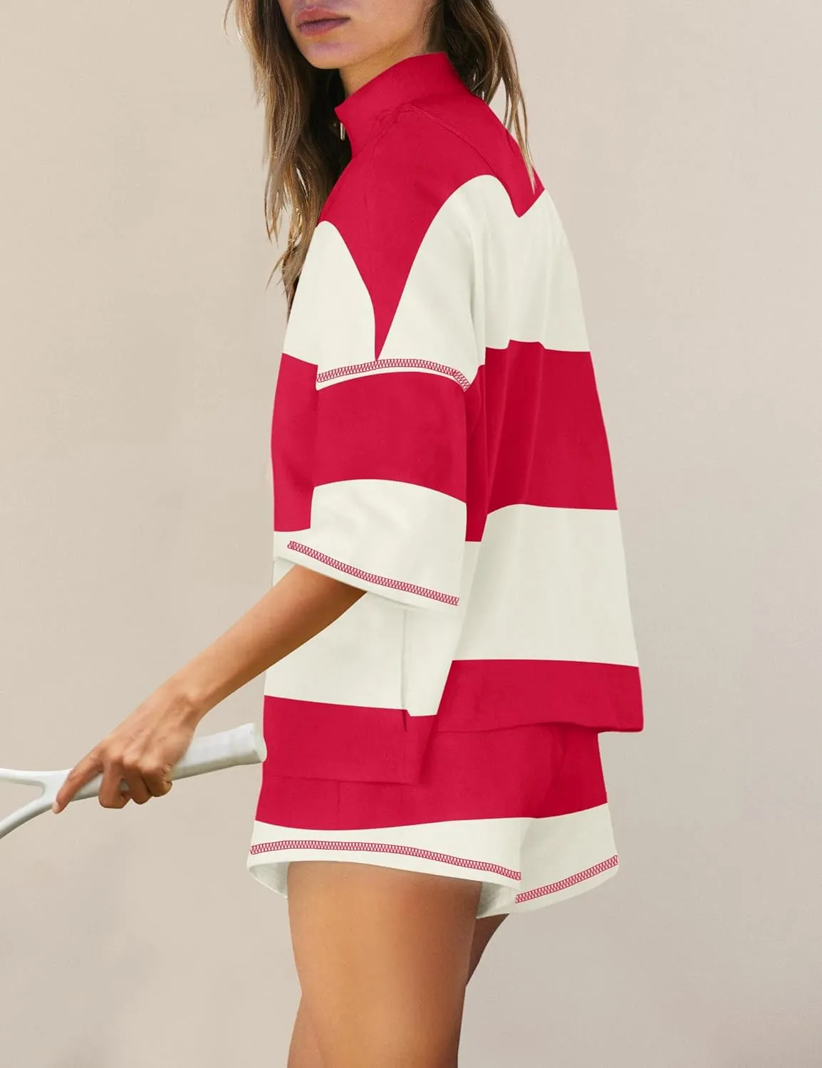Panadila Women Striped Workout Set Two Piece Outfit Tracksuit Oversized Lounge Set Top and Shorts Sets with Pockets