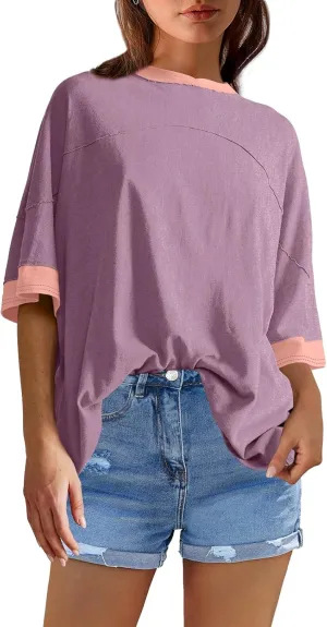 Panadila Womens Oversized Tshirts Colorblock Tops Crew Neck Short Sleeve Shirts Summer Athletic BF Tees Loose Fit Y2k