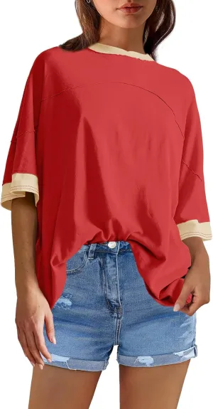 Panadila Womens Oversized Tshirts Colorblock Tops Crew Neck Short Sleeve Shirts Summer Athletic BF Tees Loose Fit Y2k