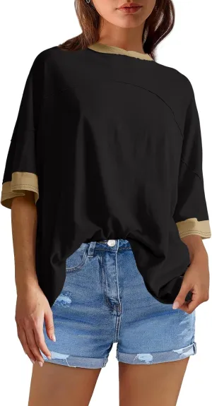 Panadila Womens Oversized Tshirts Colorblock Tops Crew Neck Short Sleeve Shirts Summer Athletic BF Tees Loose Fit Y2k