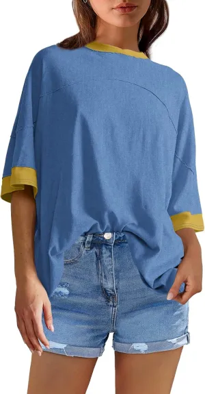 Panadila Womens Oversized Tshirts Colorblock Tops Crew Neck Short Sleeve Shirts Summer Athletic BF Tees Loose Fit Y2k