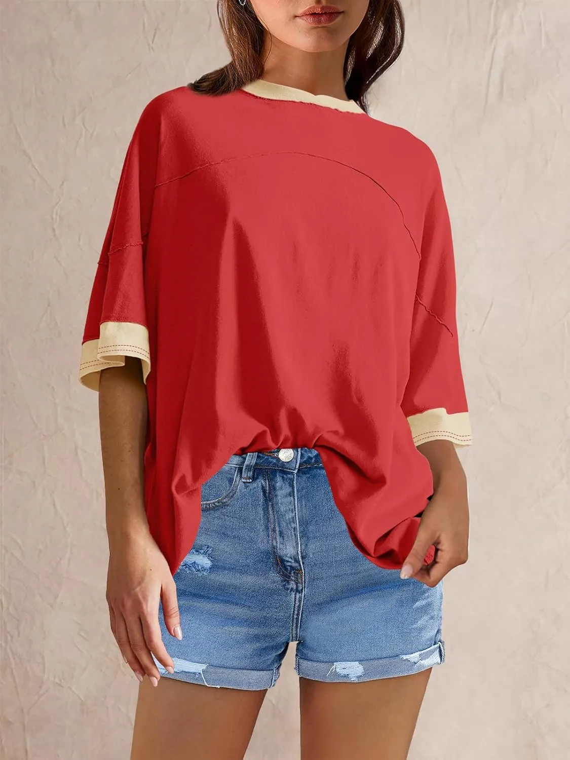 Panadila Womens Oversized Tshirts Colorblock Tops Crew Neck Short Sleeve Shirts Summer Athletic BF Tees Loose Fit Y2k