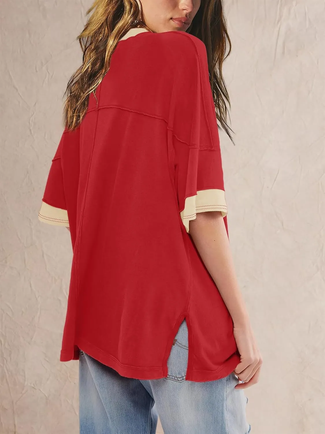 Panadila Womens Oversized Tshirts Colorblock Tops Crew Neck Short Sleeve Shirts Summer Athletic BF Tees Loose Fit Y2k