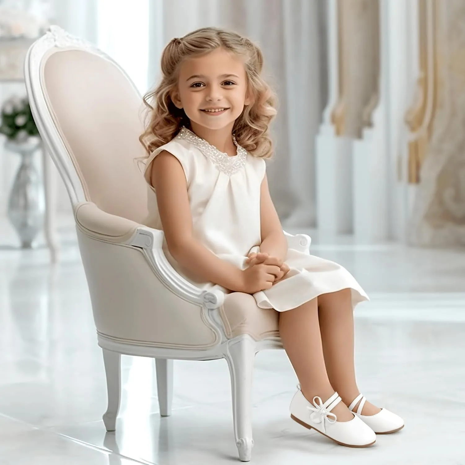 PANDANINJIA Naomi Girls Dress Shoes Mary Jane Ballet Flats Flower Girl Wedding Party Communion Shoes for Toddler Little Kid Big Kid