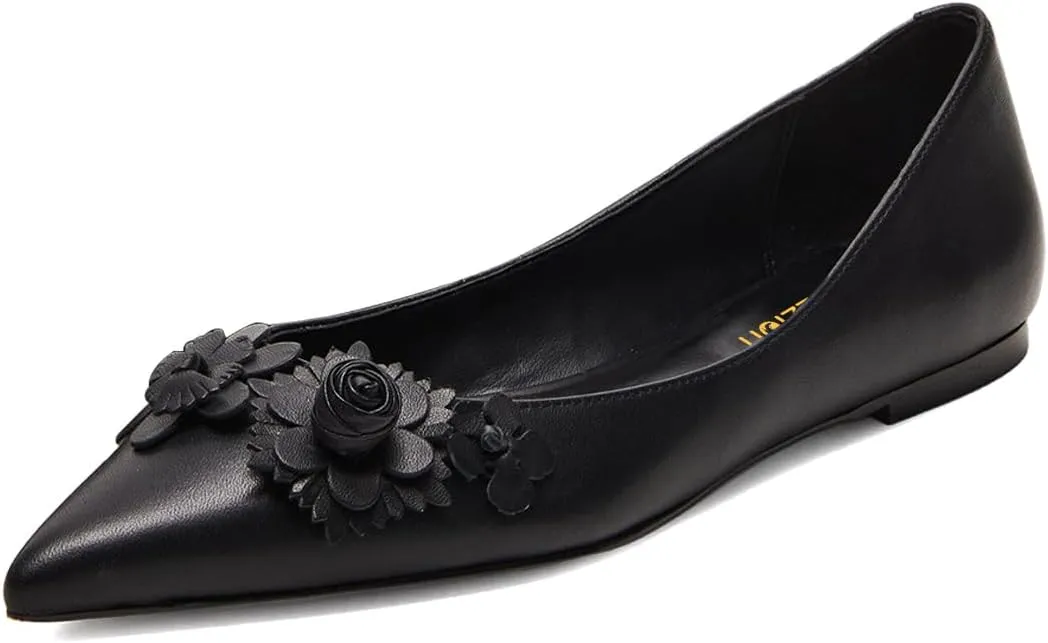 Pazzion Women Comfortable Closed Pointy Toe Ballet Flats Flowers Slip On Solid Pumps Versatile Shopping Dating Dance Shoes Size 4-16 US