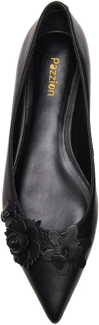 Pazzion Women Comfortable Closed Pointy Toe Ballet Flats Flowers Slip On Solid Pumps Versatile Shopping Dating Dance Shoes Size 4-16 US