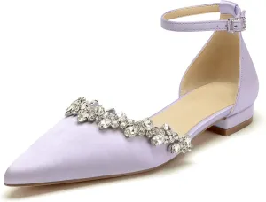 Pointed Toe Satin Wedding Flats for Bride Comfortable Rhinestones White Wedding Shoes Low Heels Bridal Flats Evening Prom Party Dress Shoes Pumps for Women