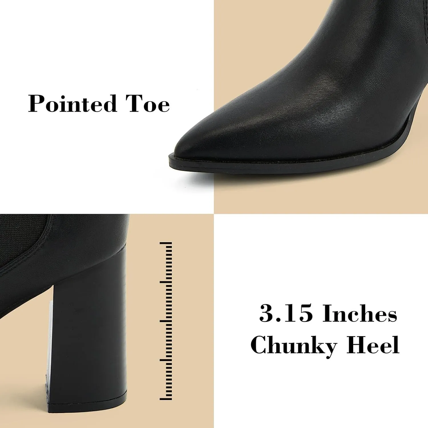 Putu Women's Pointed Toe Ankle Boots Chunky Heel Chelsea Boots Pull on Heeled Booties with Elastic Gore