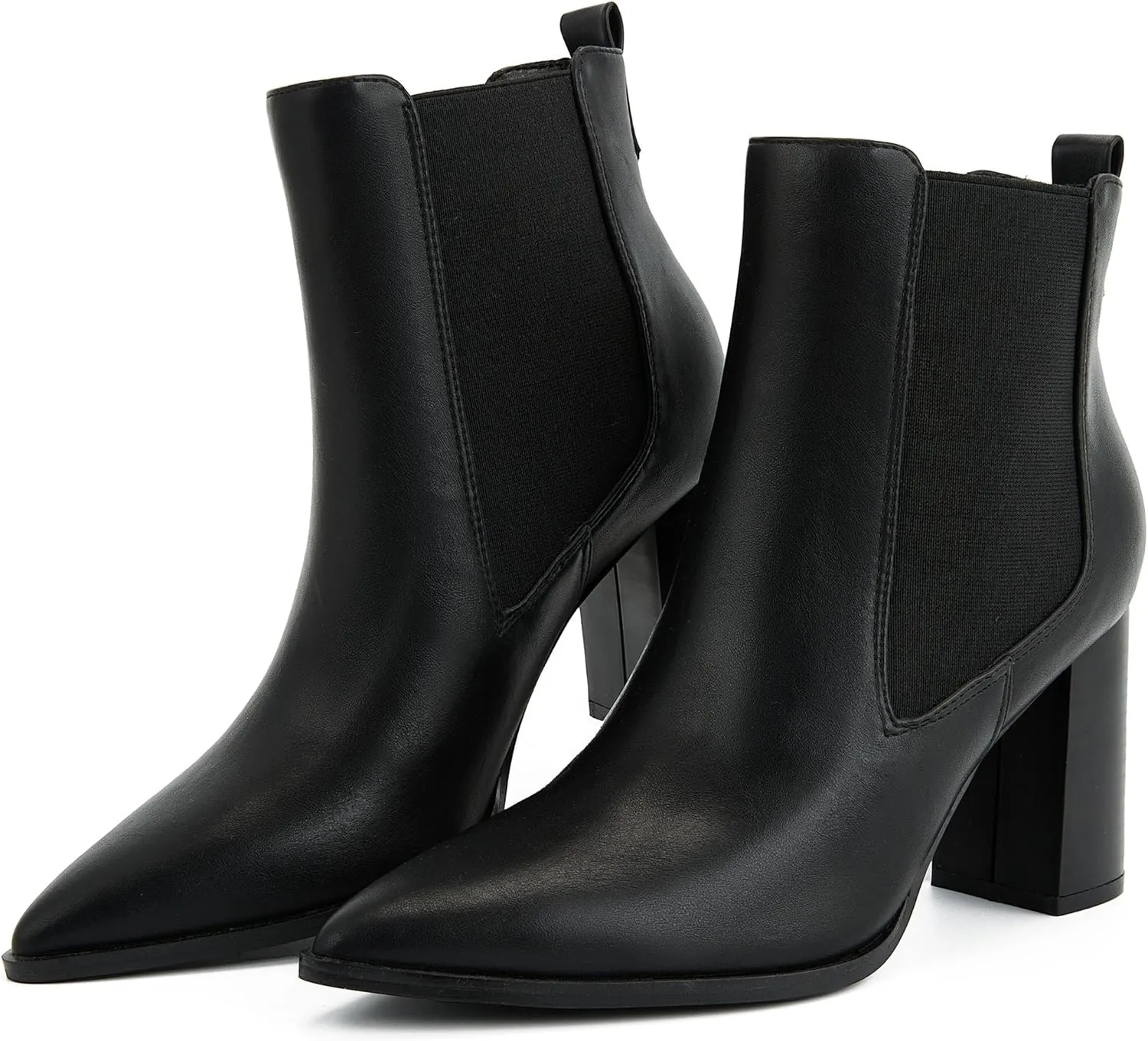 Putu Women's Pointed Toe Ankle Boots Chunky Heel Chelsea Boots Pull on Heeled Booties with Elastic Gore