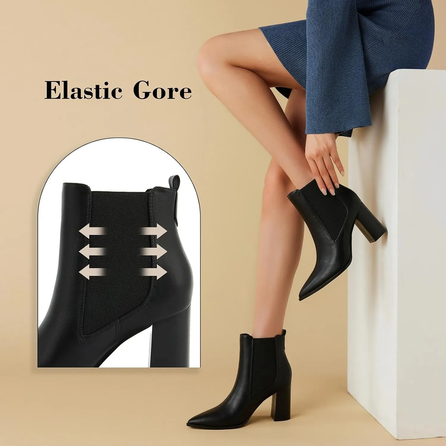 Putu Women's Pointed Toe Ankle Boots Chunky Heel Chelsea Boots Pull on Heeled Booties with Elastic Gore