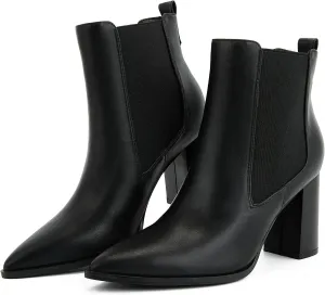 Putu Women's Pointed Toe Ankle Boots Chunky Heel Chelsea Boots Pull on Heeled Booties with Elastic Gore