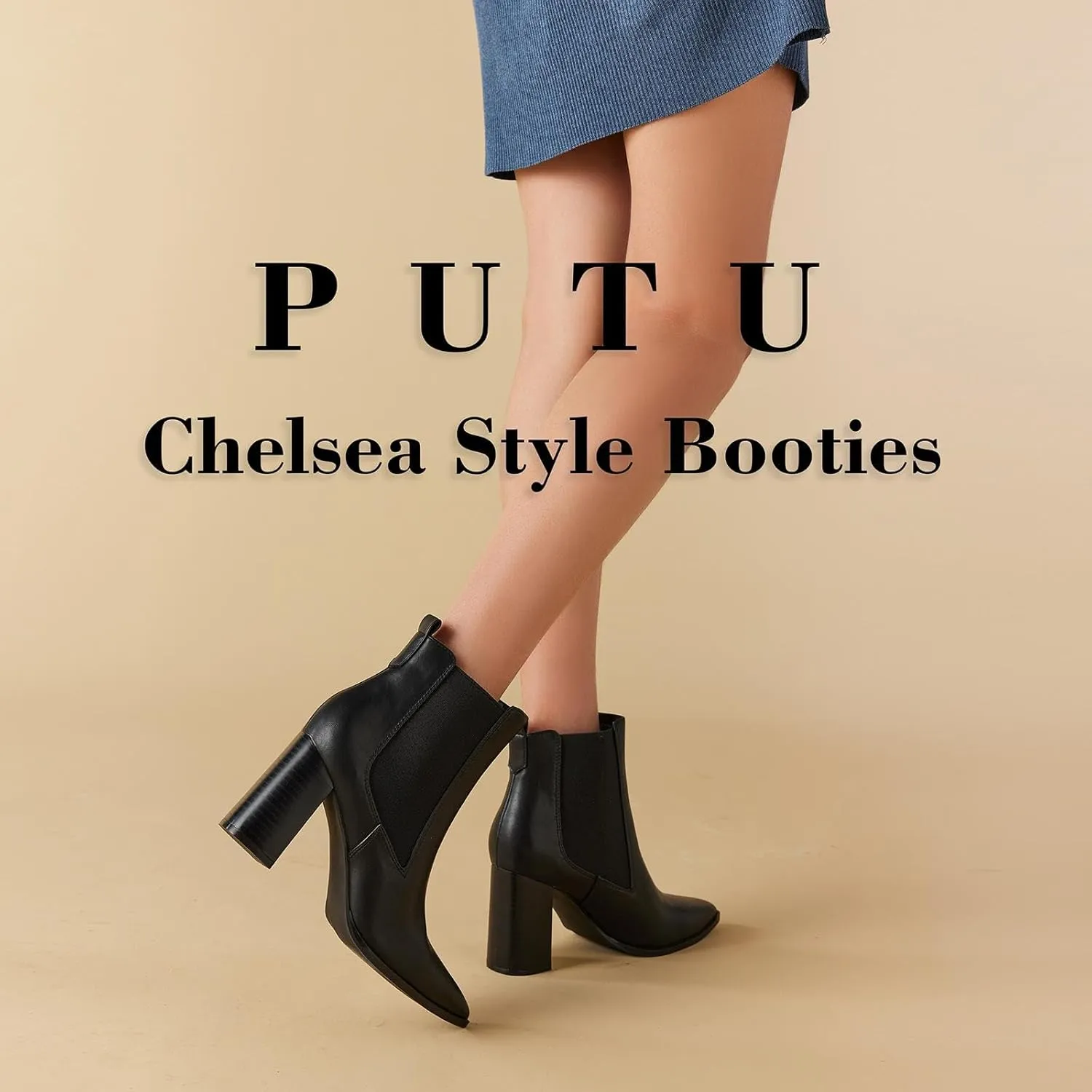 Putu Women's Pointed Toe Ankle Boots Chunky Heel Chelsea Boots Pull on Heeled Booties with Elastic Gore