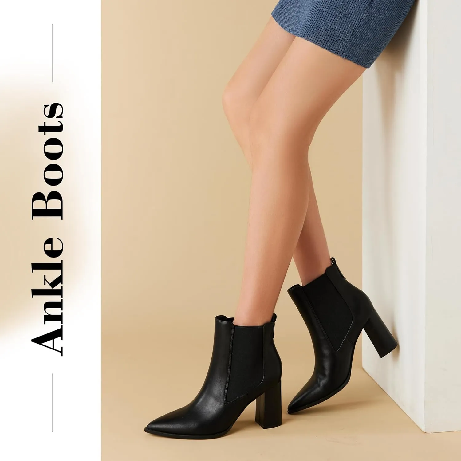 Putu Women's Pointed Toe Ankle Boots Chunky Heel Chelsea Boots Pull on Heeled Booties with Elastic Gore