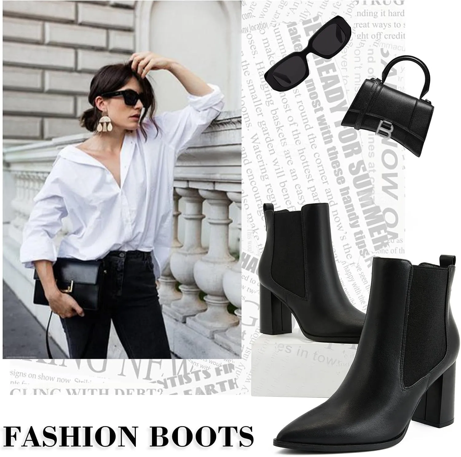 Putu Women's Pointed Toe Ankle Boots Chunky Heel Chelsea Boots Pull on Heeled Booties with Elastic Gore