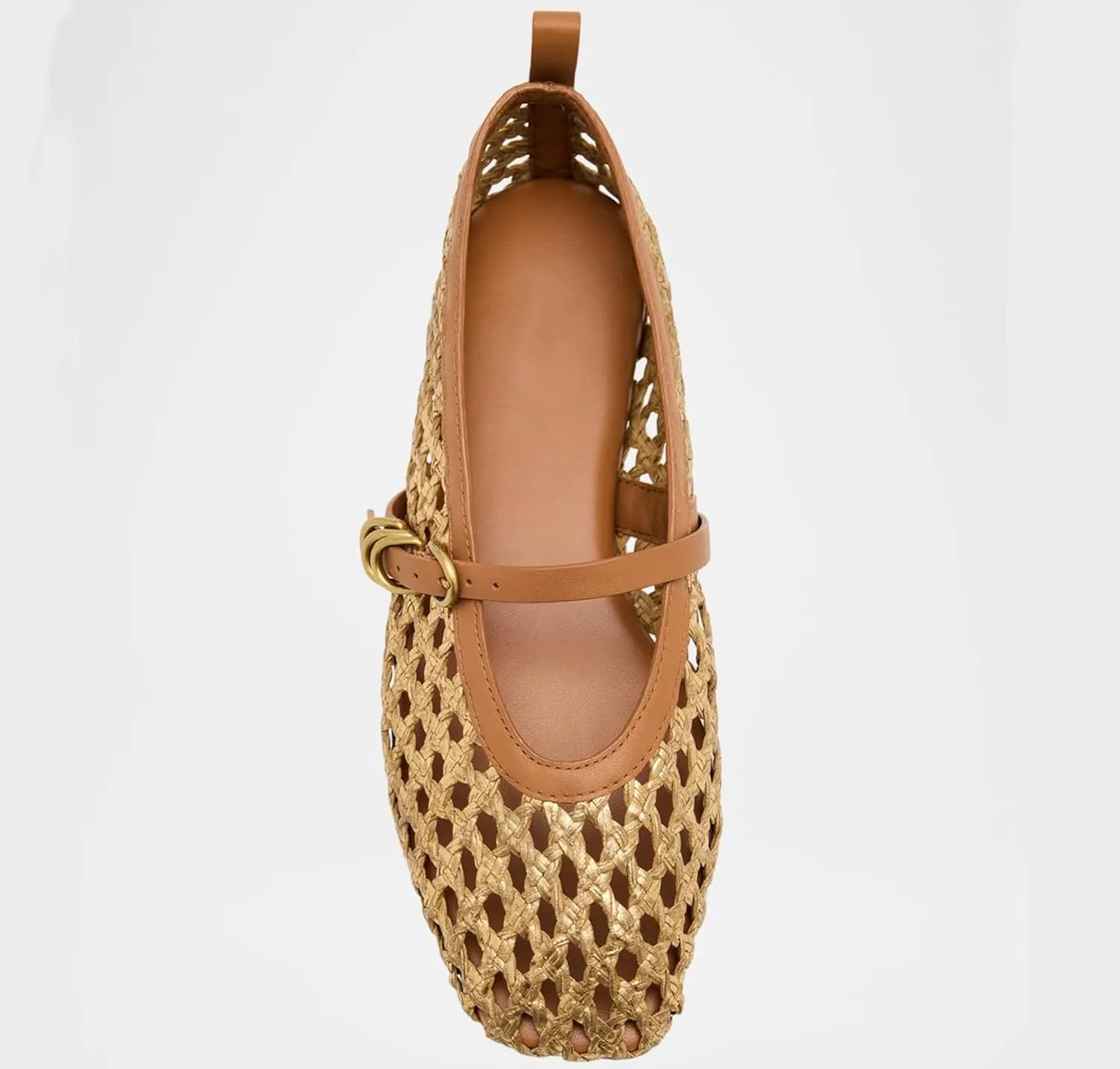 Raffia Woven Mesh Ballet Flats for Women Comfortable Metal Buckle Strap Mary Jane Ballet Flats Casual Closed Toe Ballerina Shoes.
