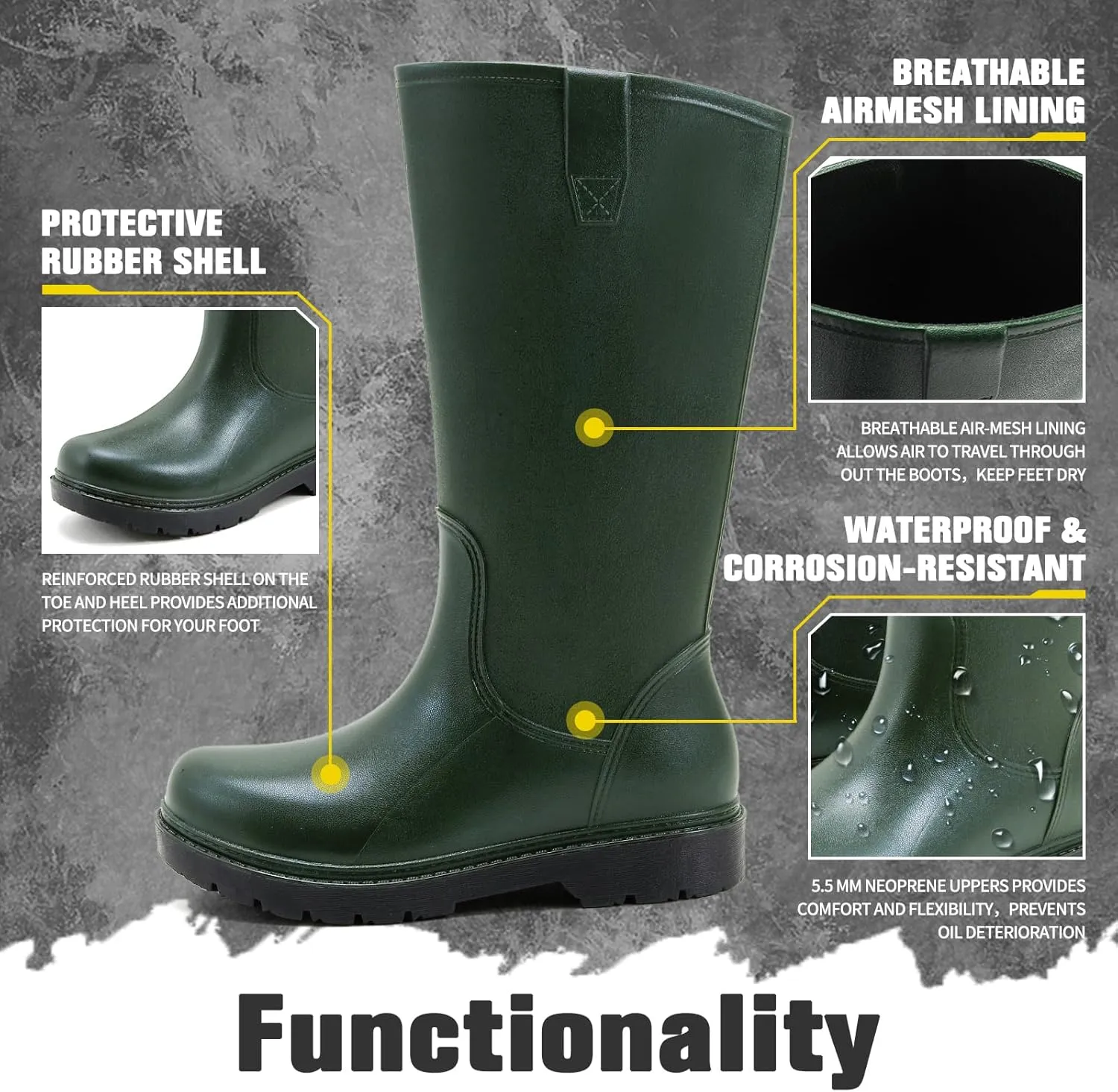 Rain Boots for Men, Comfort Waterproof Rubber Boots Mens Durable Anti-Slip Mud Garden Boots for Hunting Gardening Farming Fishing, Wide Calf Raining Shoes Outdoor Work Boots