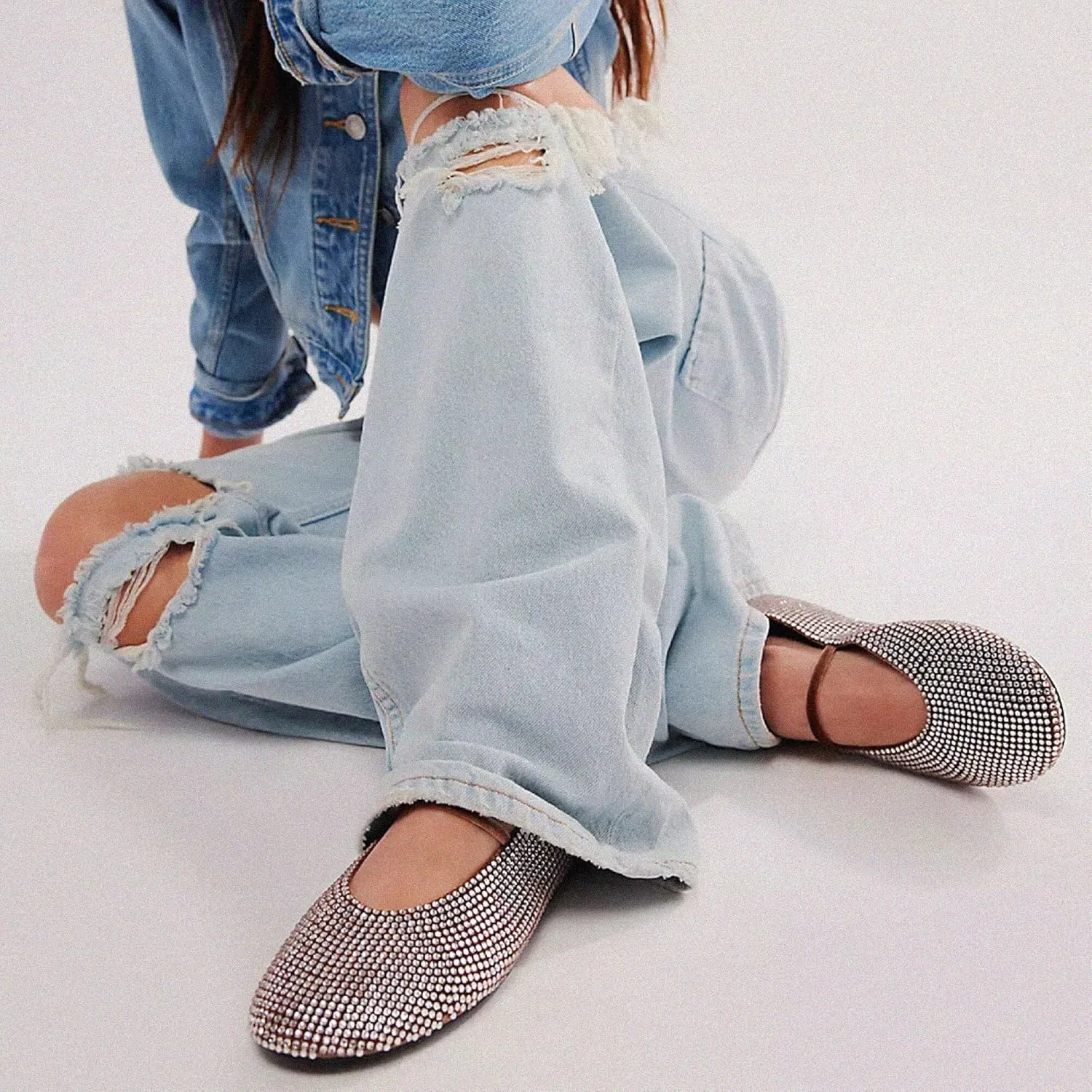 Rhinestone Flats for Women Cute Round Head Ballet Shoes Fashionable and Comfy Slip On Design Embellished with Mary Jane Style for Weddings