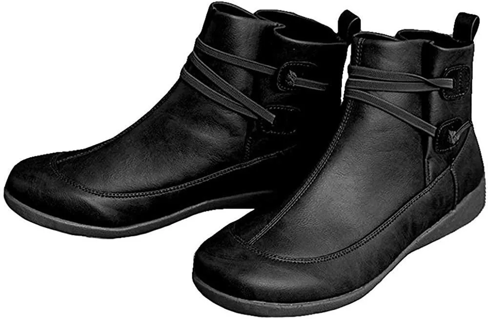 Ru Sweet Women's Arch Support Fashion Lace up Side Zip Vintage Booties Flat Heel